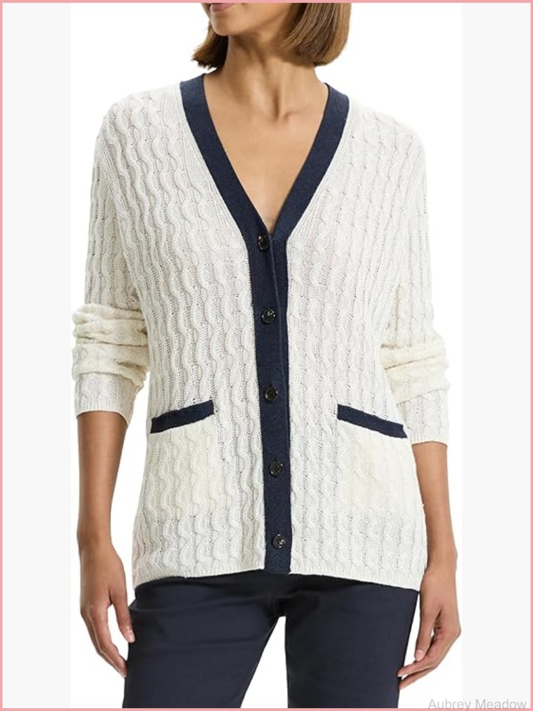 Cable Cardigan With Contrast Placket - Linen Blend - Button Front Long Sleeve